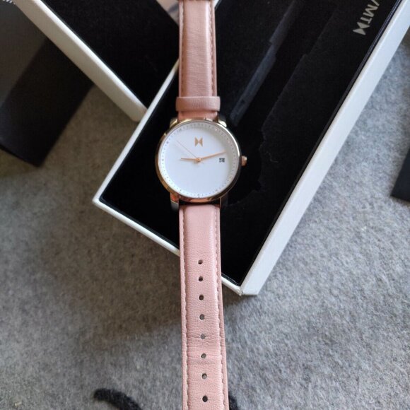 WOMEN'S MVMT 40MM ROSE GOLD WATCH STAINLESS STEEL WHITE DIAL CORAL LEATHER BAND - Picture 5 of 10